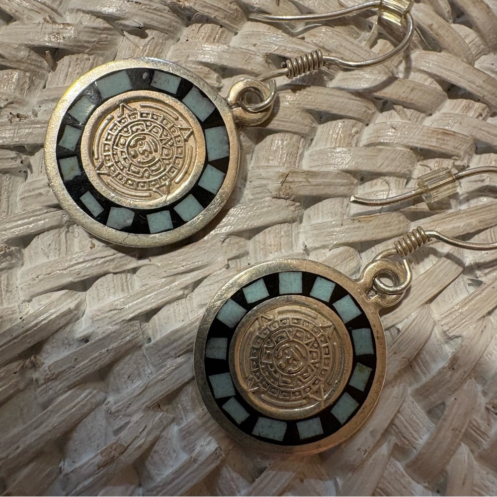 Sterling Silver inlaid turquoise Medallion Drop Earrings